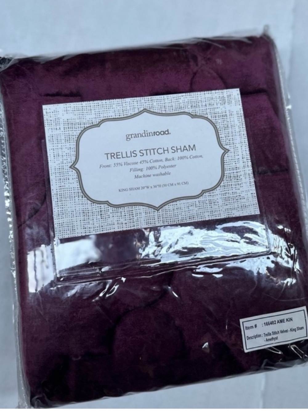 Grandin Road Purple Velvet Pillow Cover Sham King Size Trellis Stitch new
